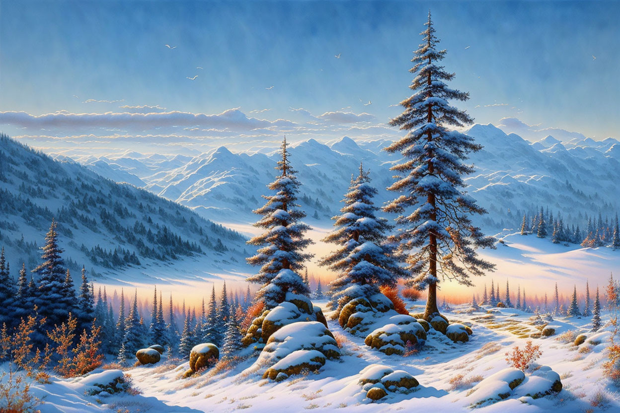 Snow-covered pine trees in serene winter landscape with rolling hills and distant mountains under blue sky.