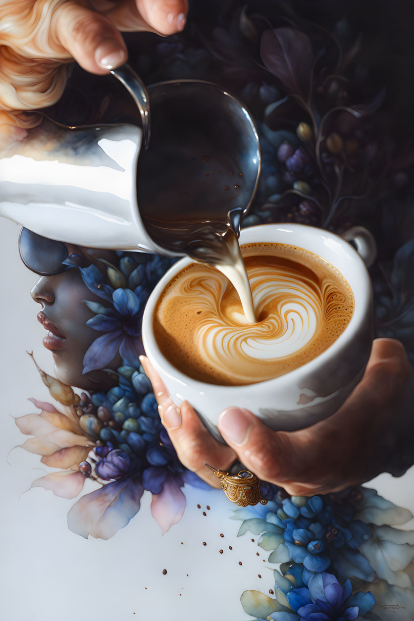 Pouring Milk into Coffee Cup Creates Heart Design with Ethereal Figure and Blue Flowers