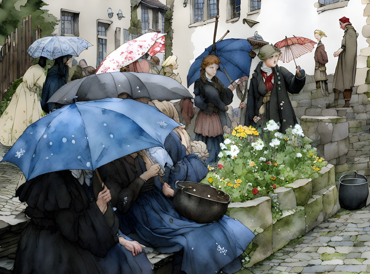 Illustration: People with umbrellas in rainy, historical stone-paved town