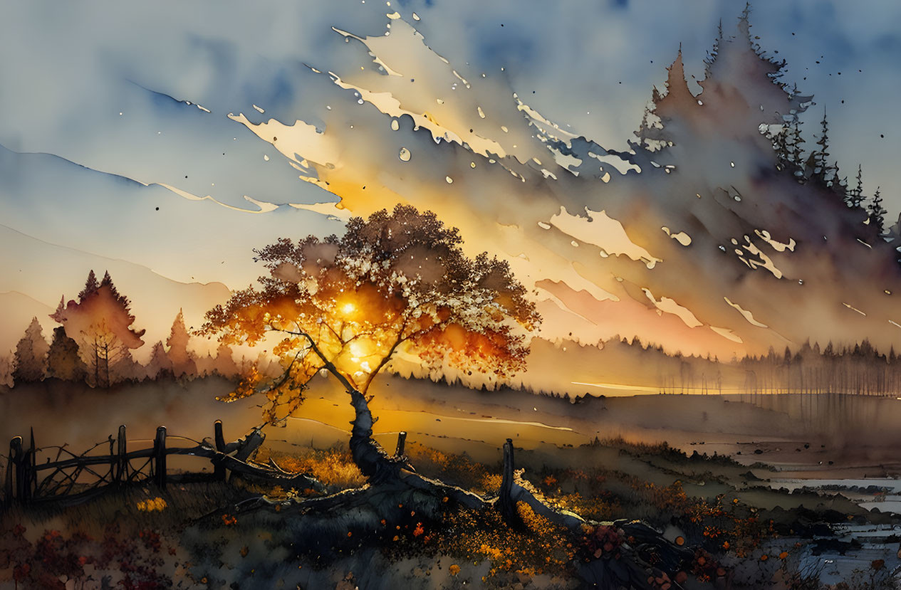 Vibrant Watercolor Landscape: Tree at Sunset