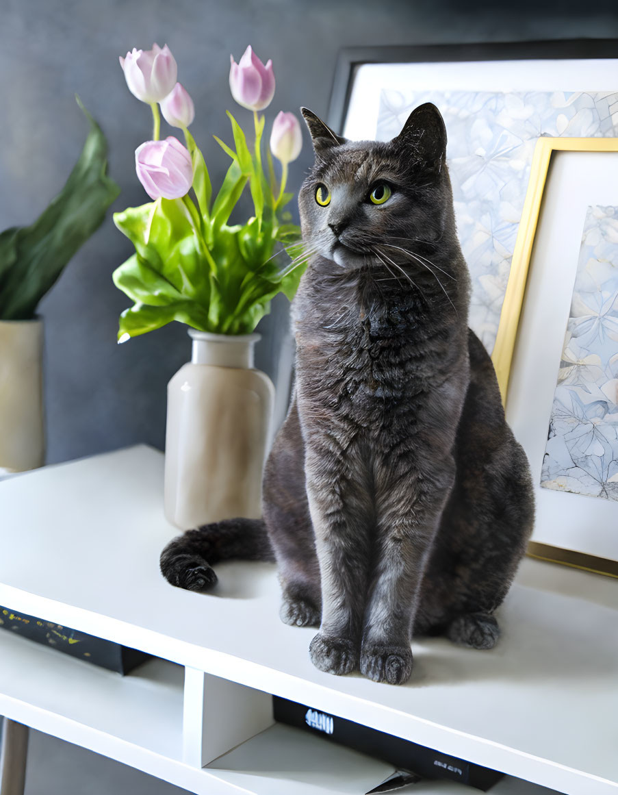 Grey Cat Sitting Near Pink Tulips and Picture Frames on White Table