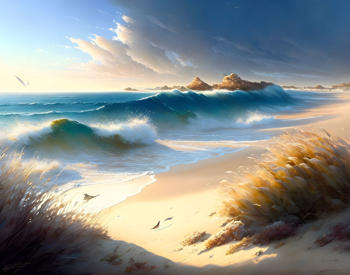 Scenic beach digital painting with large wave, dune grass, birds, and sunset.