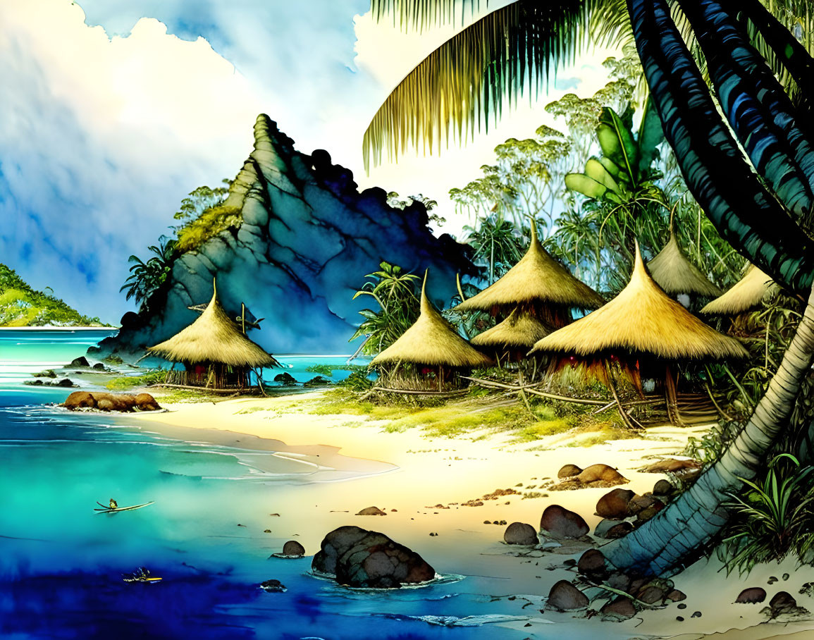 Tropical beach with thatched huts, lush greenery, mountain, and clear waters