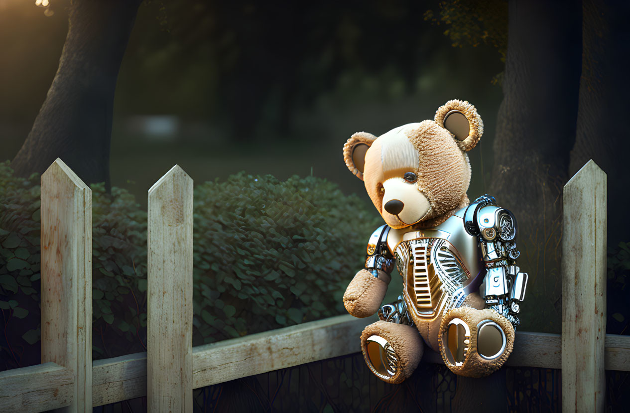 Plush teddy bear with robotic parts on wooden fence in sunny park