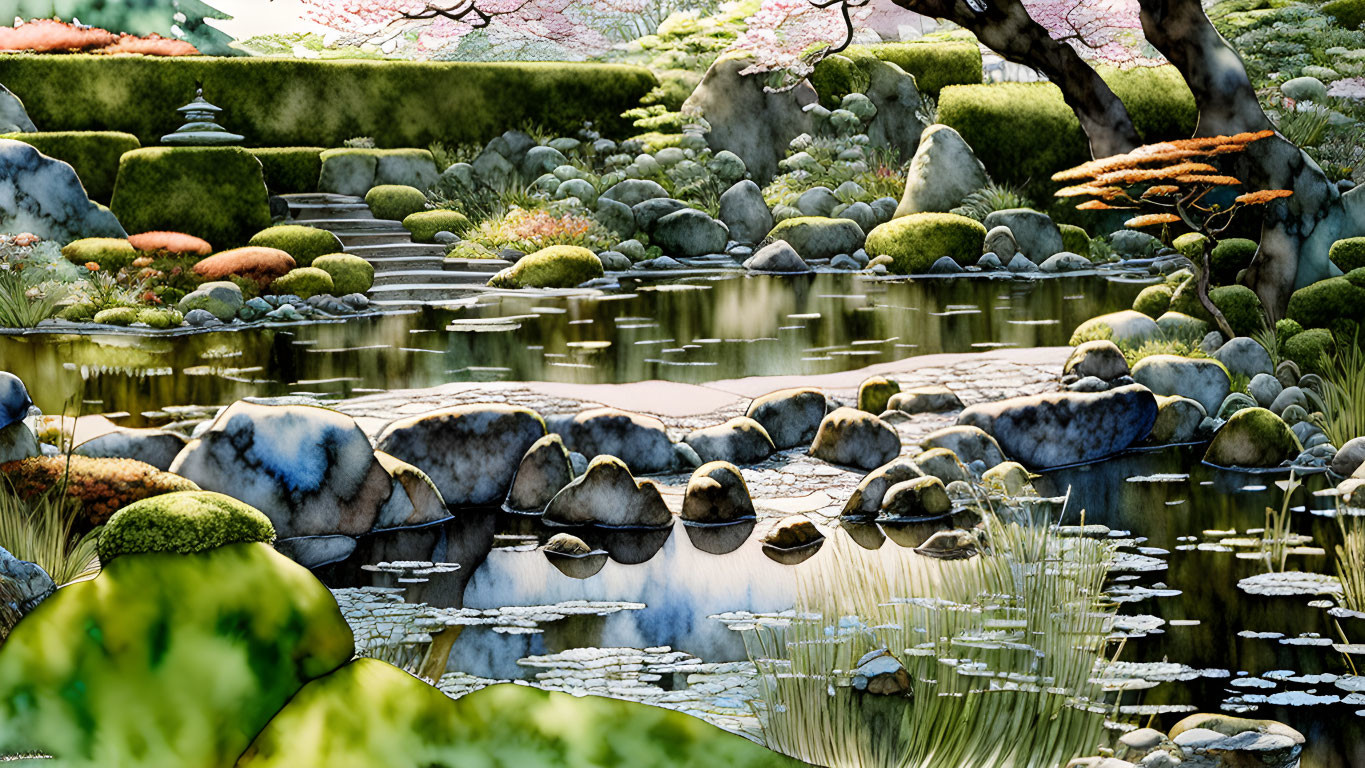 Tranquil Japanese Garden with Koi Pond and Pruned Trees