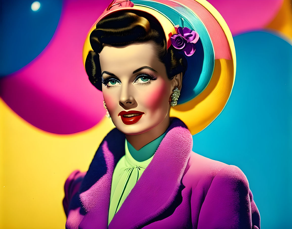 Vintage illustration of woman in fancy hat & purple outfit on colorful background