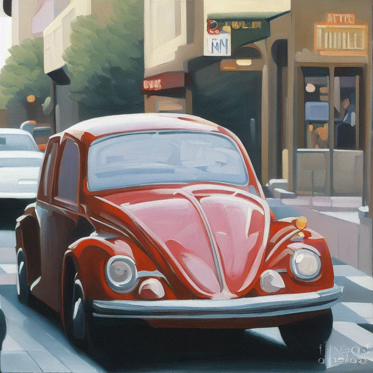 Stylized painting of red vintage Volkswagen Beetle on city street