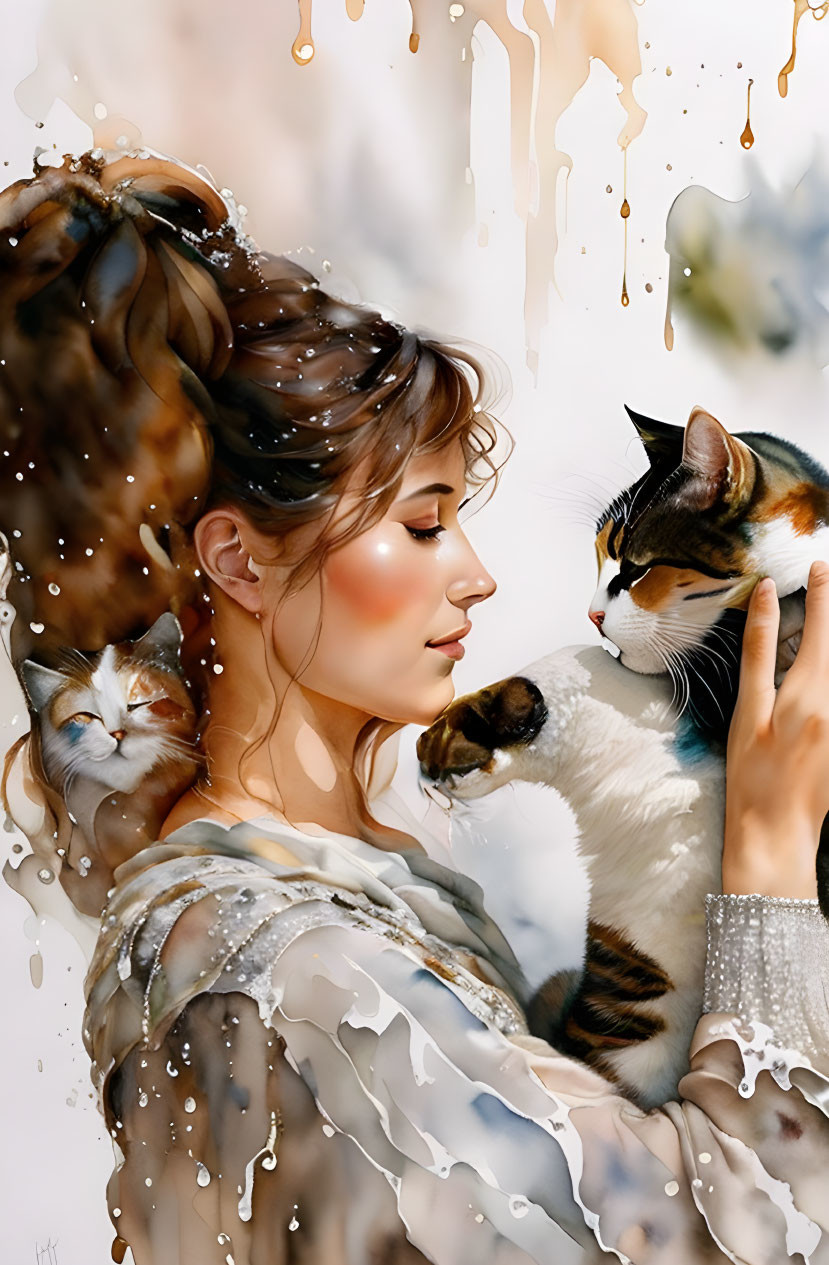 Woman with elegant updo caresses two cats against artistic backdrop