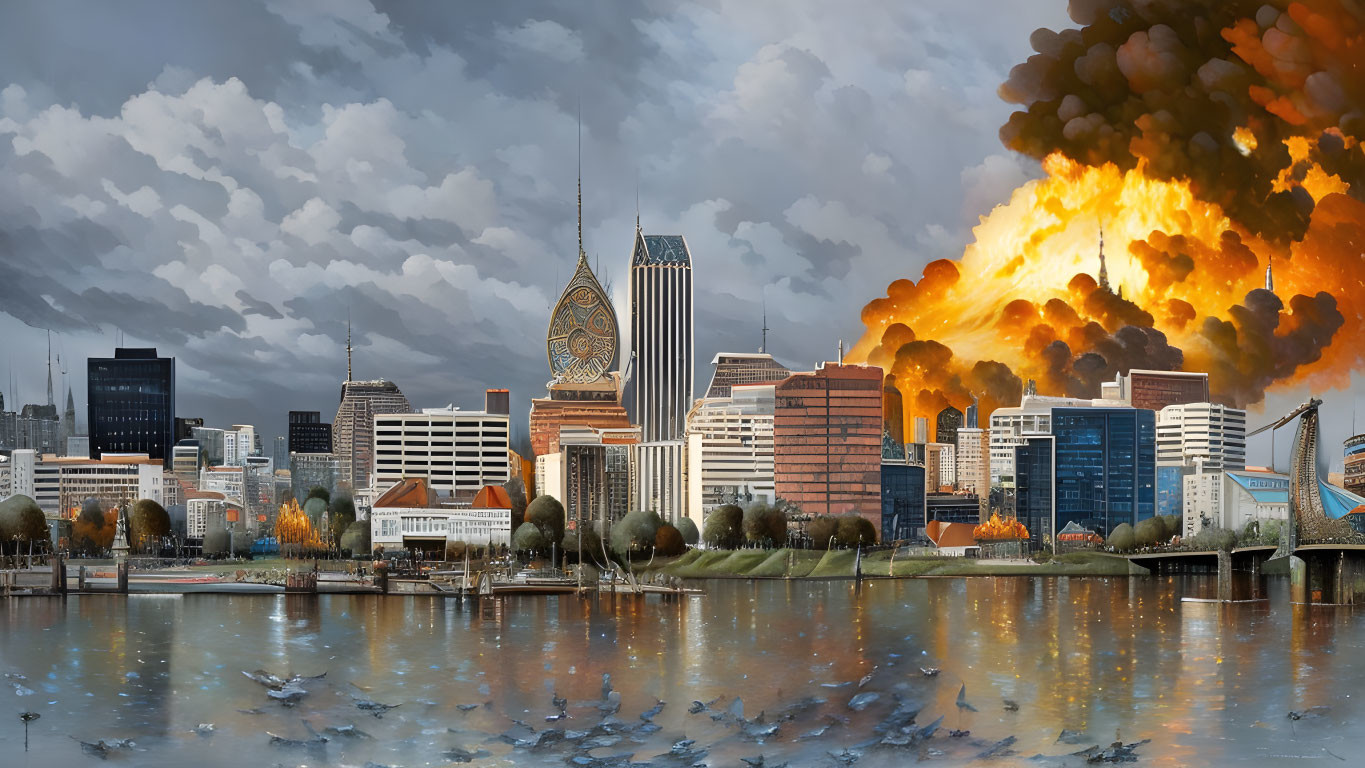 Cityscape with fiery explosion clouds over modern buildings and serene water.