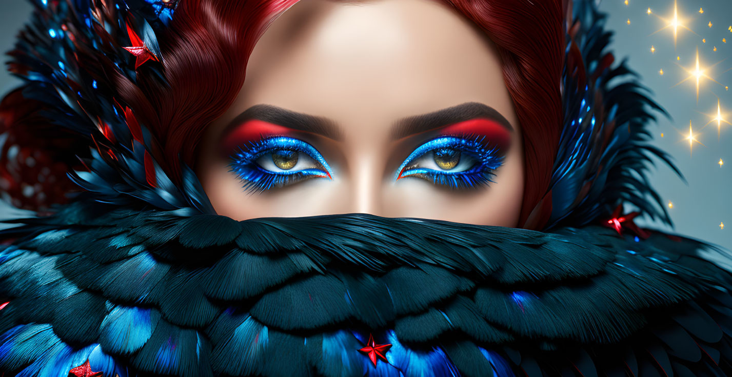 Vibrant red hair and blue eye makeup with iridescent feathers and sparkling stars.