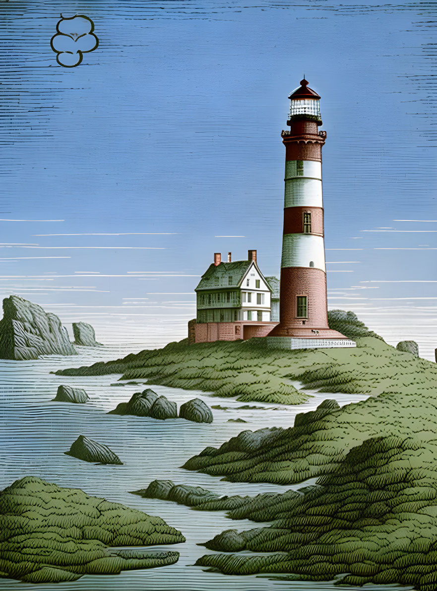 Striped lighthouse with house on rocky coast under blue sky.