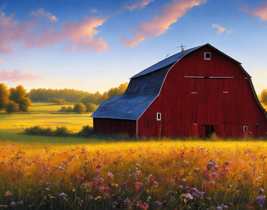 Red barn in yellow wildflower field at sunset