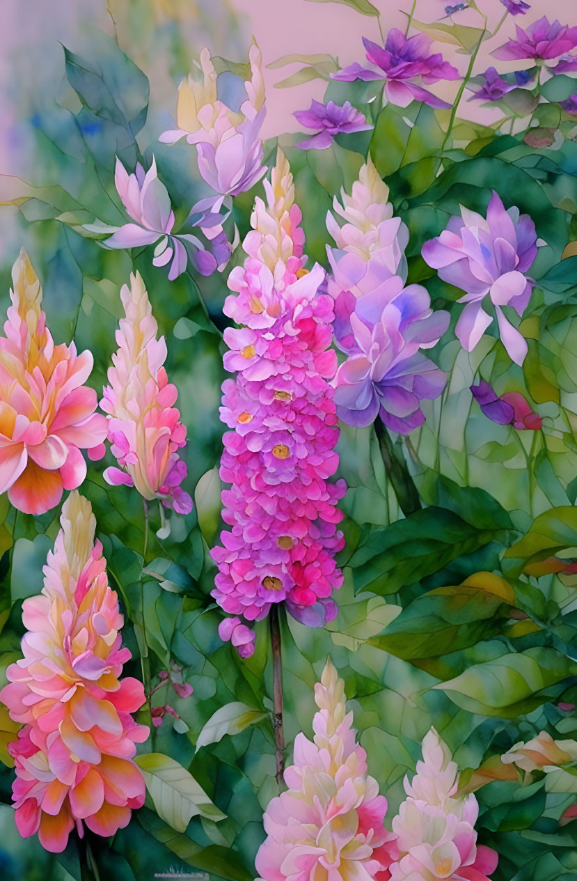 Colorful Pink and Purple Flowers with Pink Lupine in Lush Green Foliage