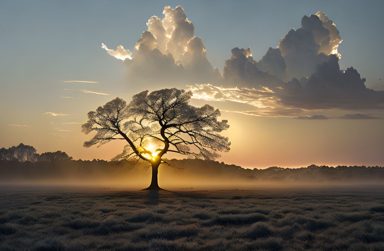 Silhouette of lone tree against stunning sunset and sunbeams over serene field