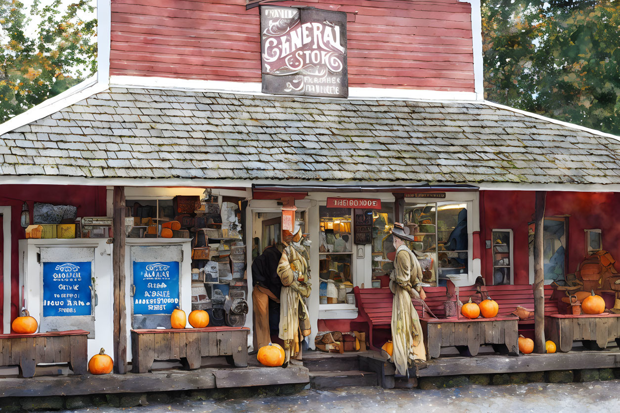 Red-painted General Store with vintage decor and mannequins