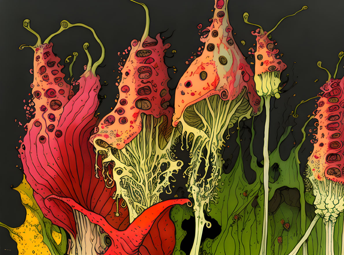 Fantastical red and green plants with intricate patterns on dark background