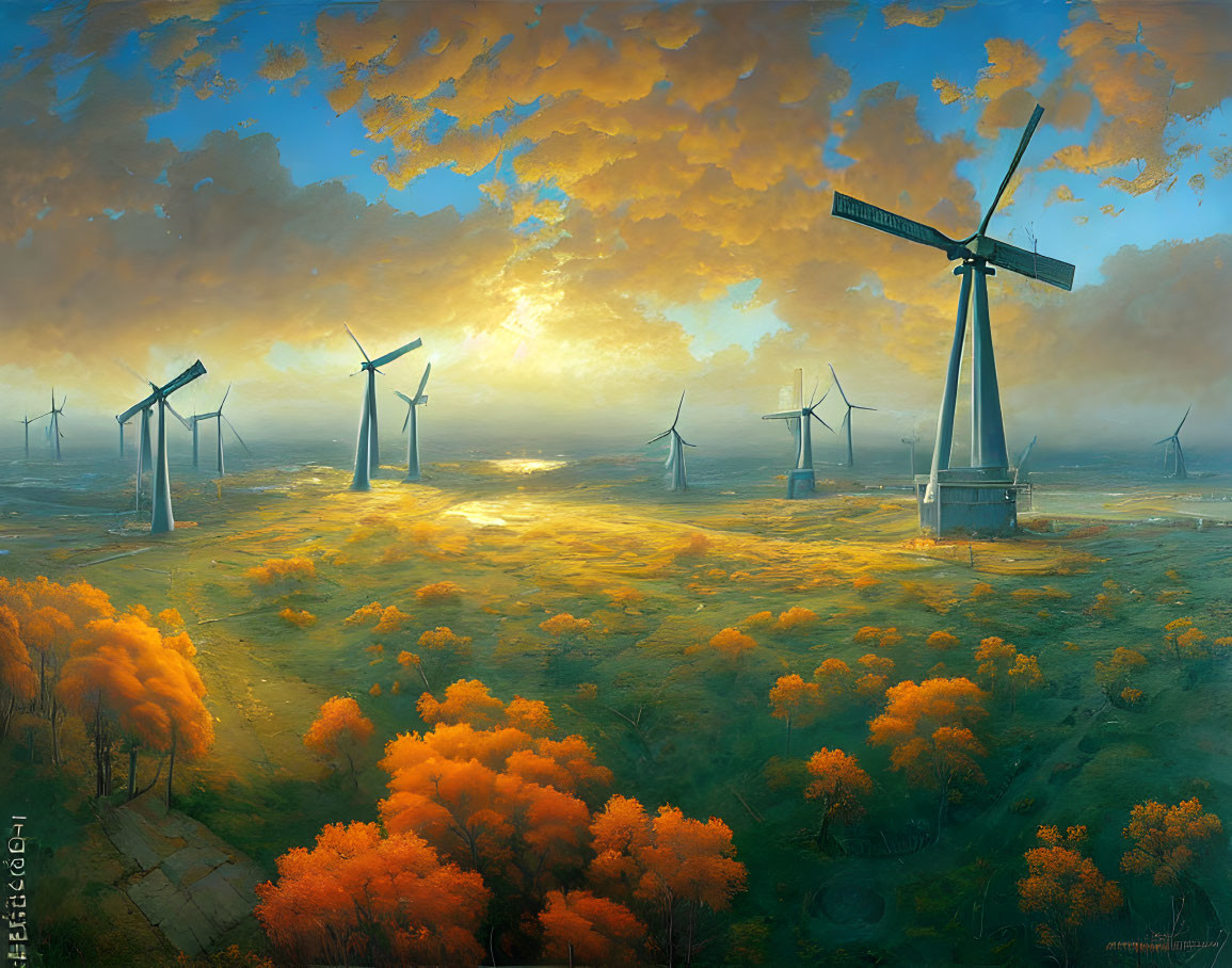 Tranquil landscape with wind turbines, golden trees, and dramatic sky