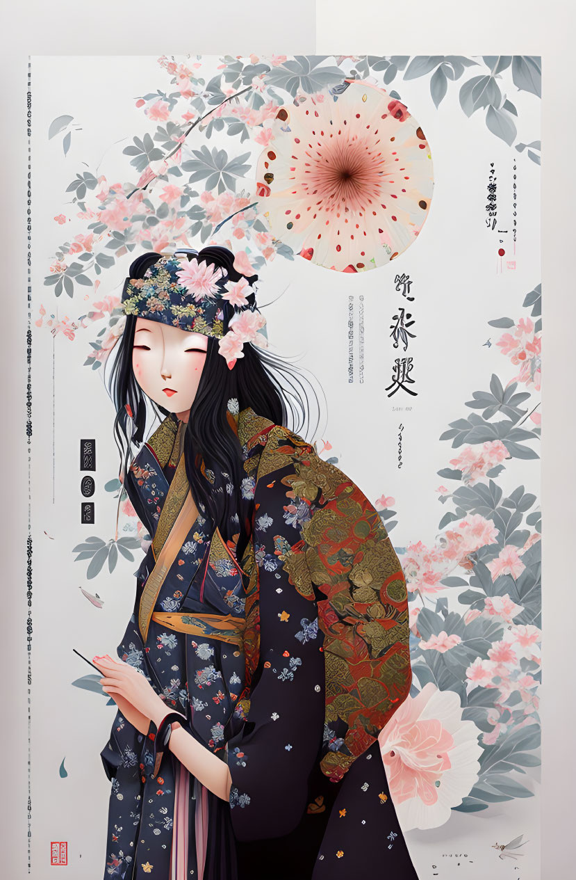 Traditional Japanese attire woman surrounded by blooming flowers