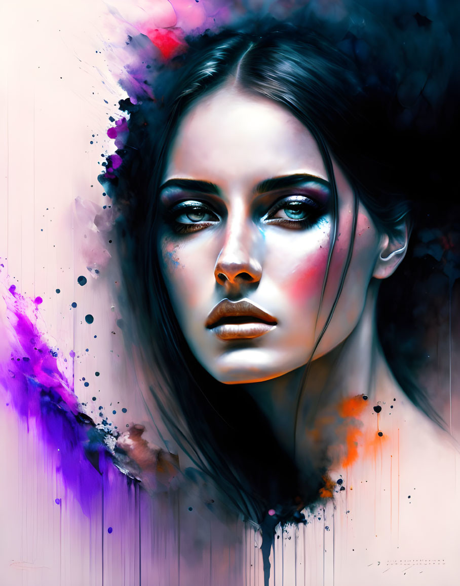 Digital Artwork: Woman's Face with Blue Eyes & Ink Splashes