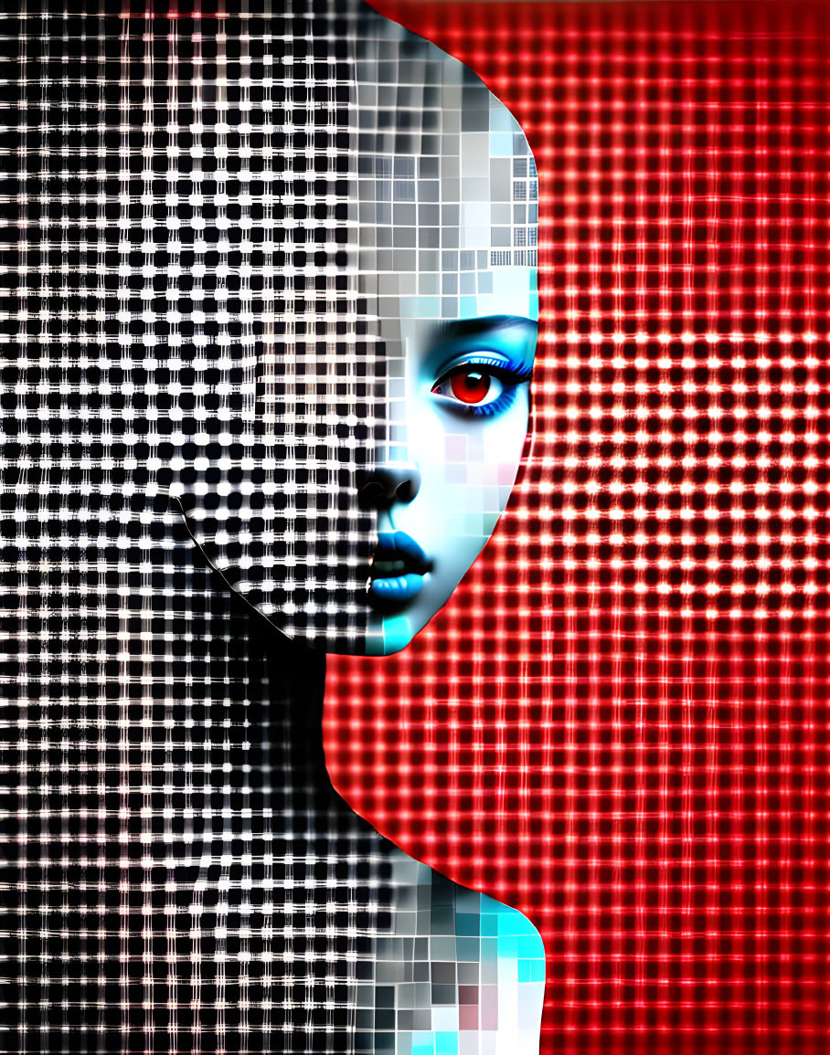 Blue-skinned humanoid female face in digital art with grid pattern, red background, glitch effect