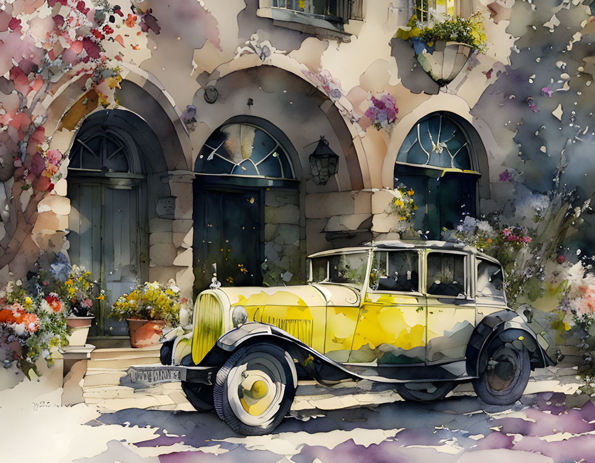 Vintage Yellow Car Parked Outside Quaint Building with Arched Windows and Colorful Flower Splashes