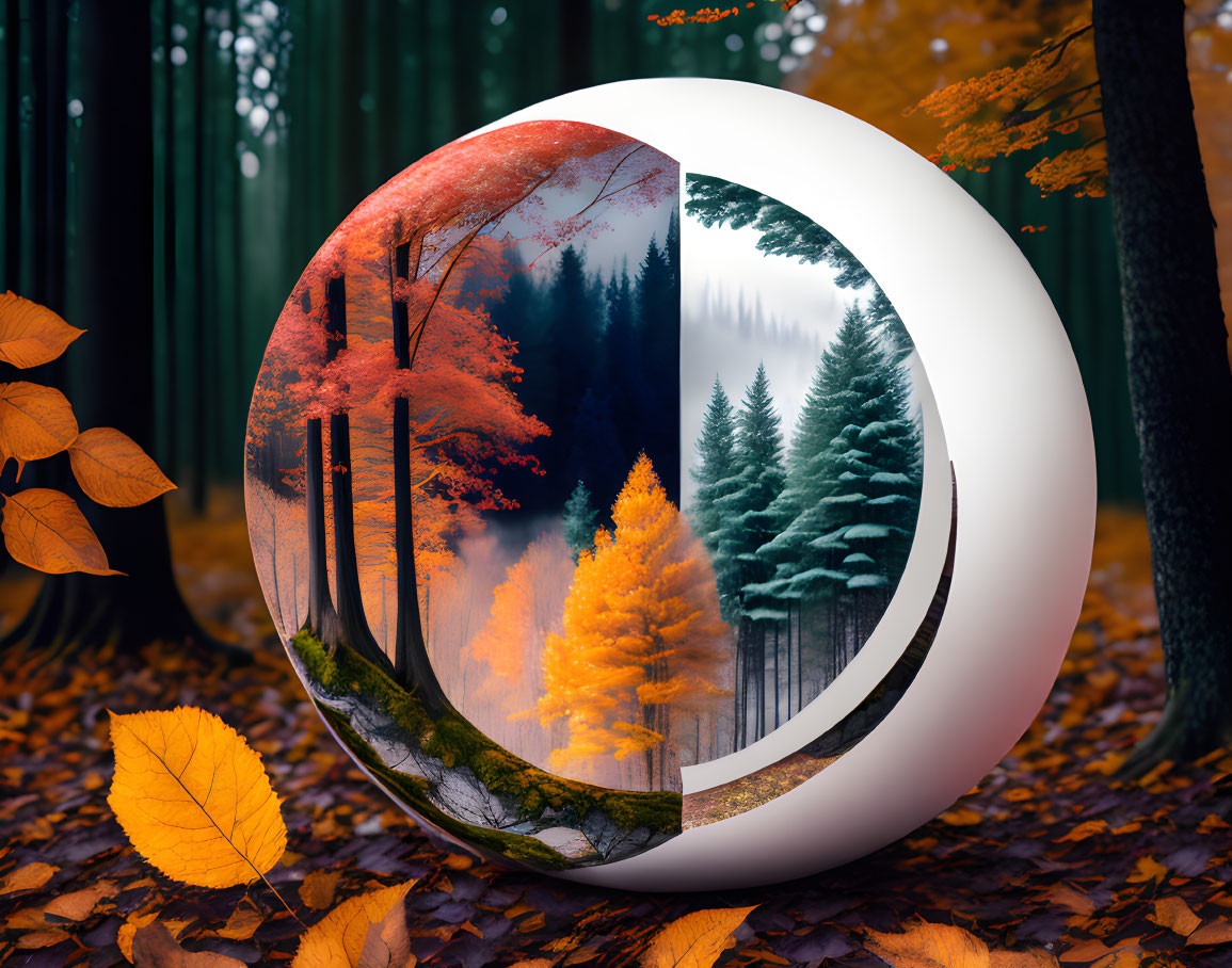 3D sphere showing autumn to winter forest transition in foggy backdrop