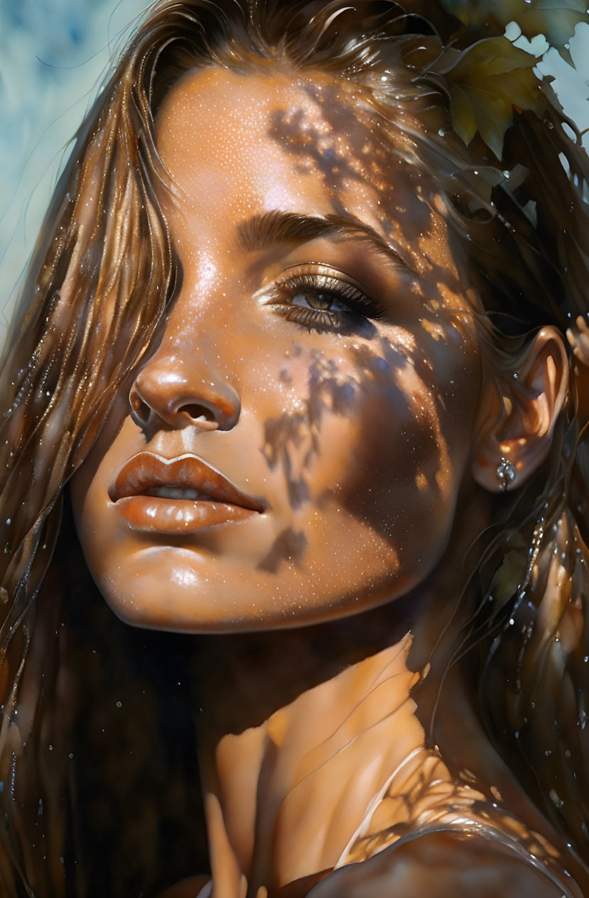 Close-up portrait of woman with sun-kissed skin, water droplets, and leaf shadows.