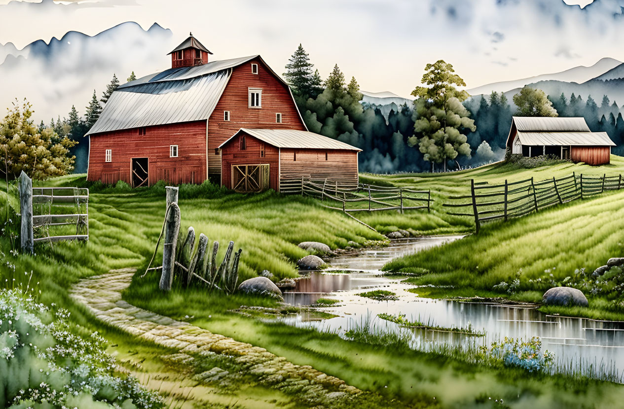 Rural landscape with red barn, stream, and mountains