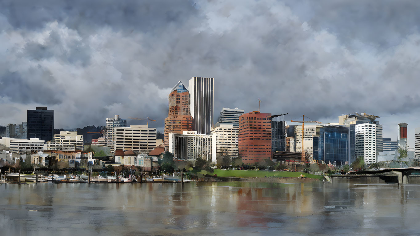 City skyline with varied architecture under dramatic cloudy sky reflected on calm river