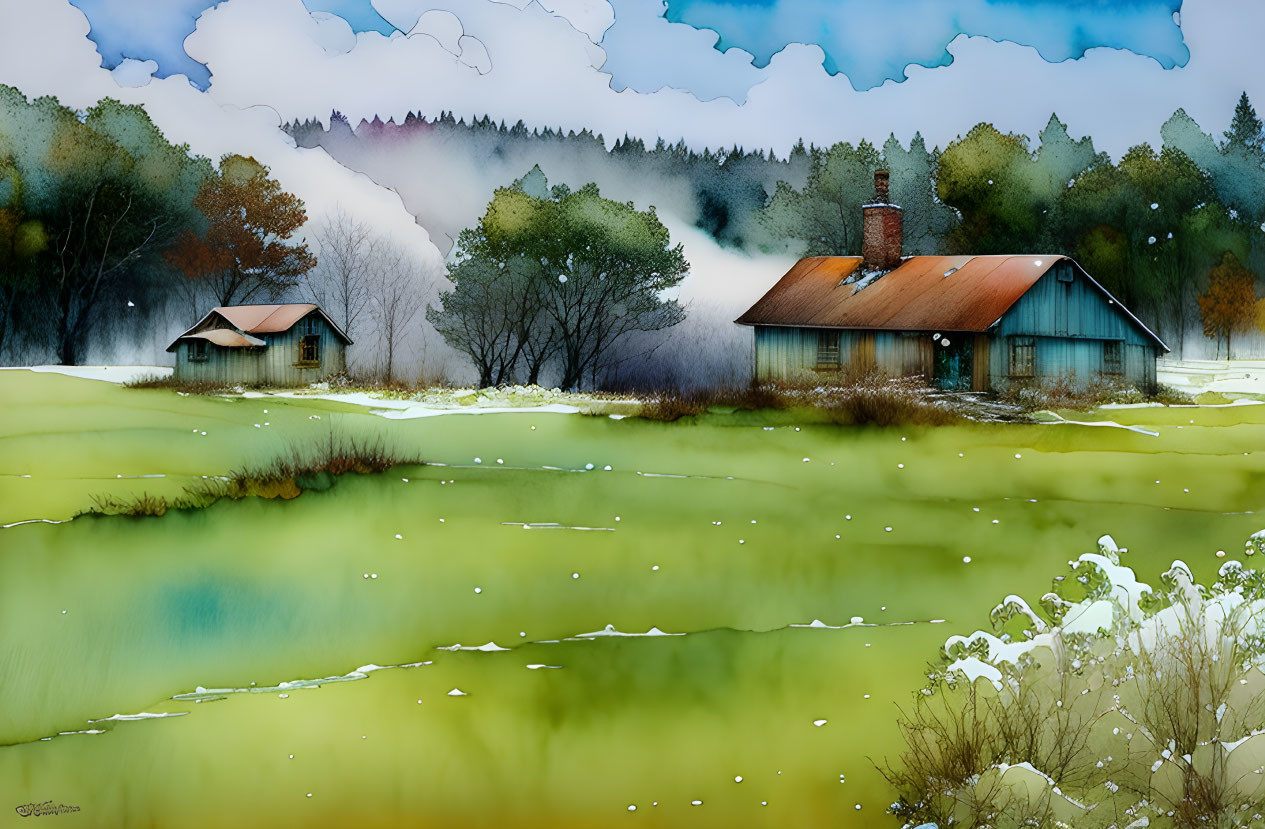 Tranquil watercolor: Snowy cabins, green fields, misty hills