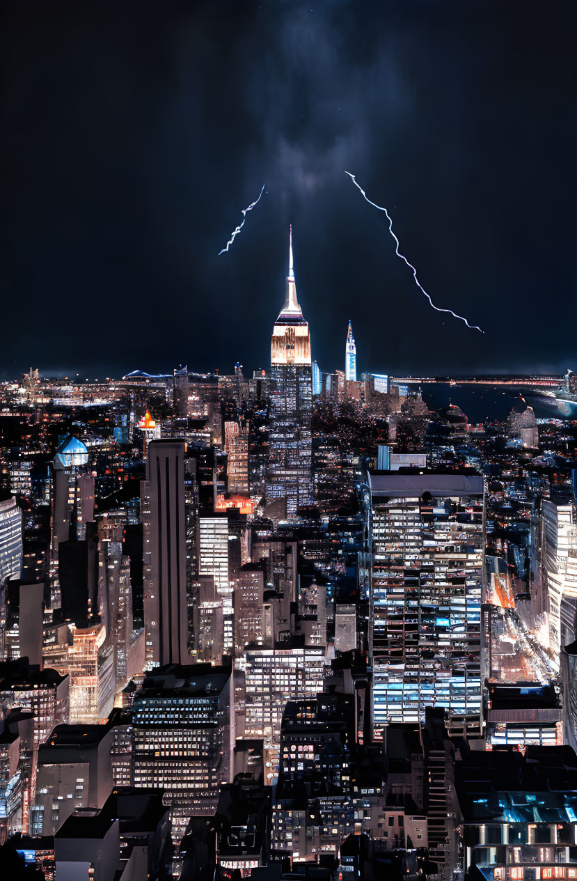 Nighttime cityscape with illuminated skyscrapers and lightning striking.