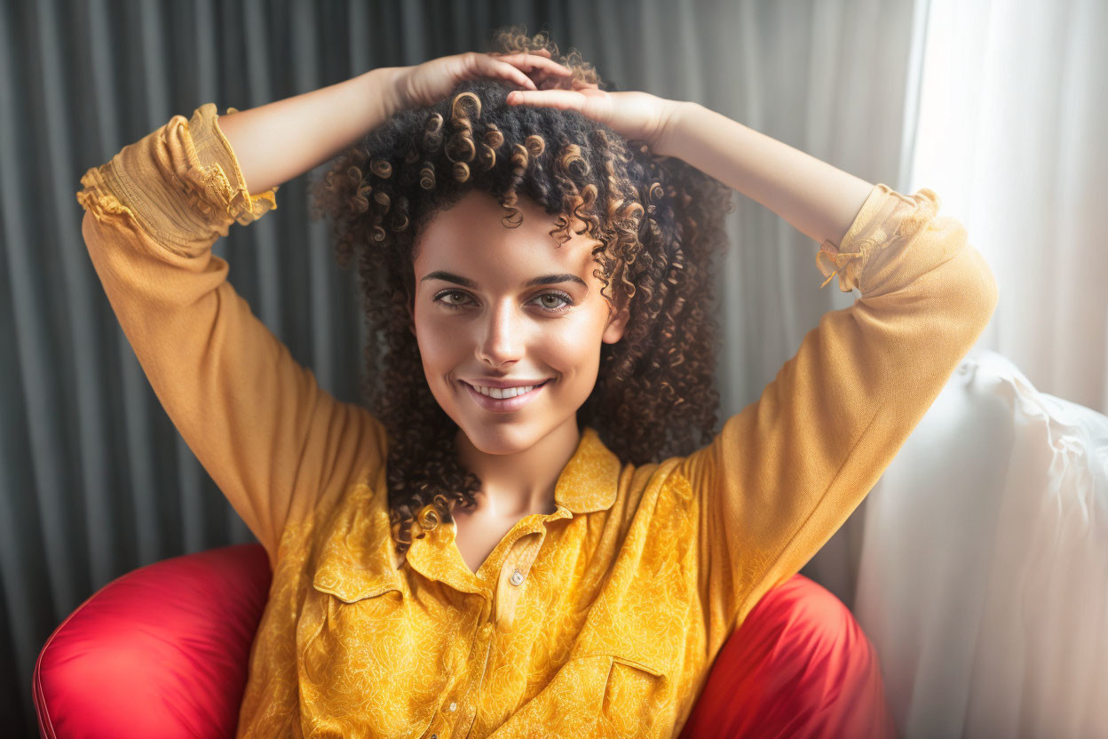 Smiling woman with curly hair in yellow blouse against soft backdrop