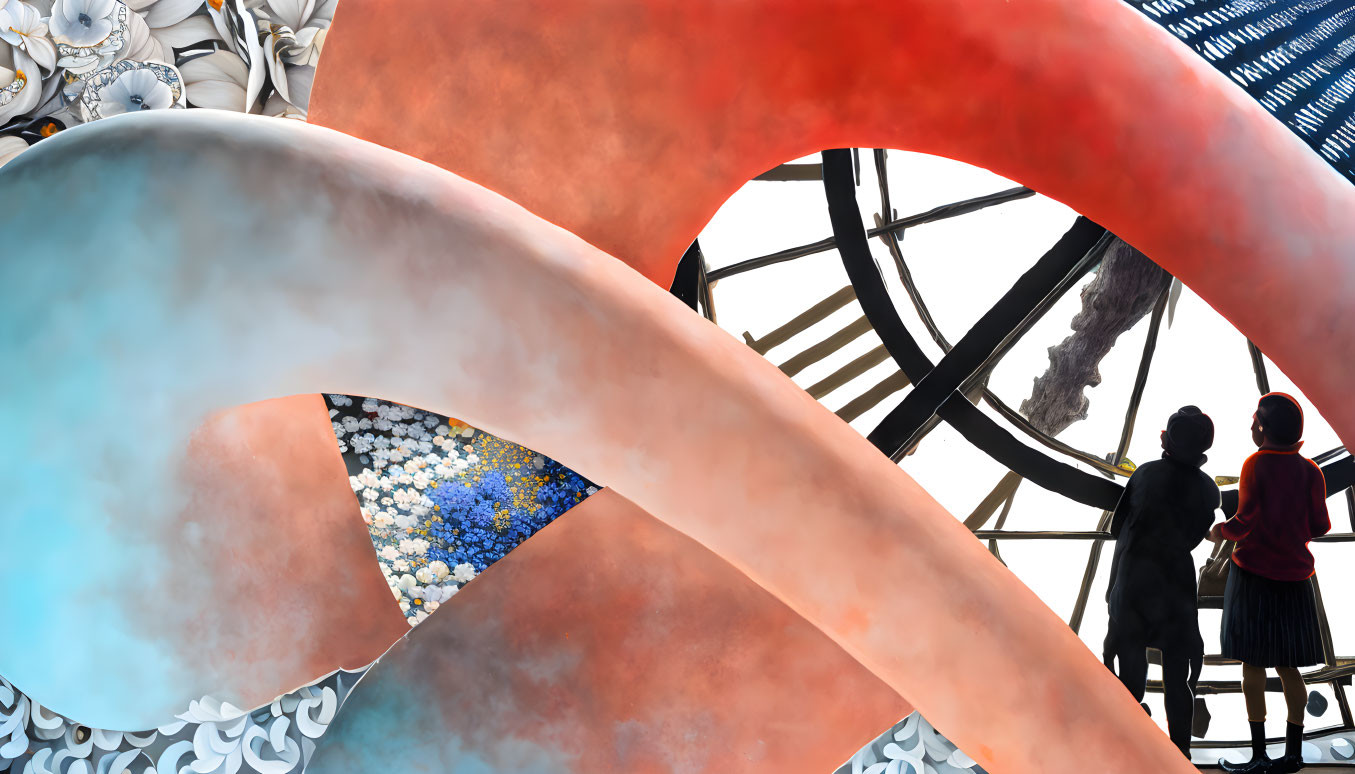 Two individuals viewing a complex clock with red and blue swirls in an art-filled setting