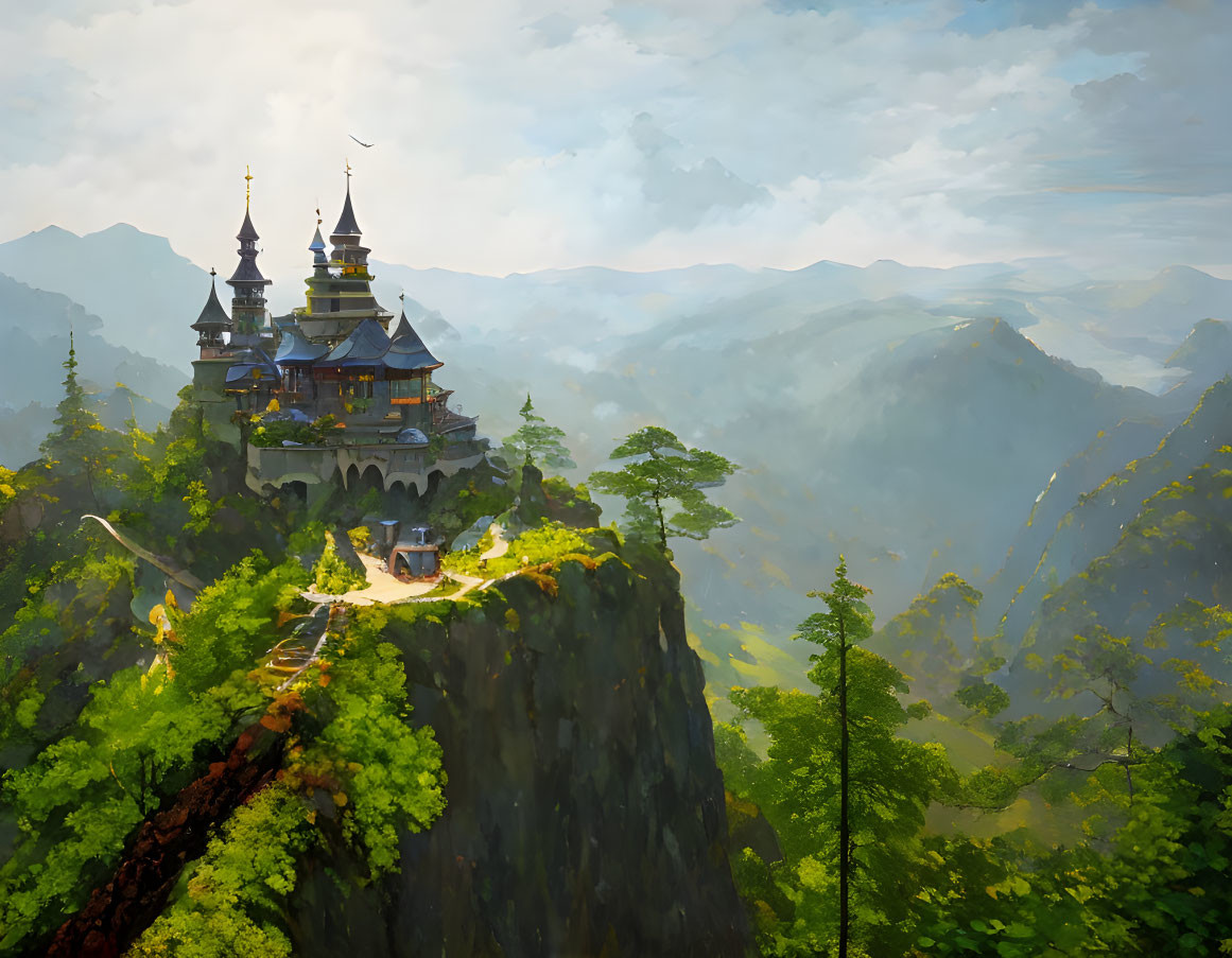 Enchanting castle on cliff with forest, misty mountainscape