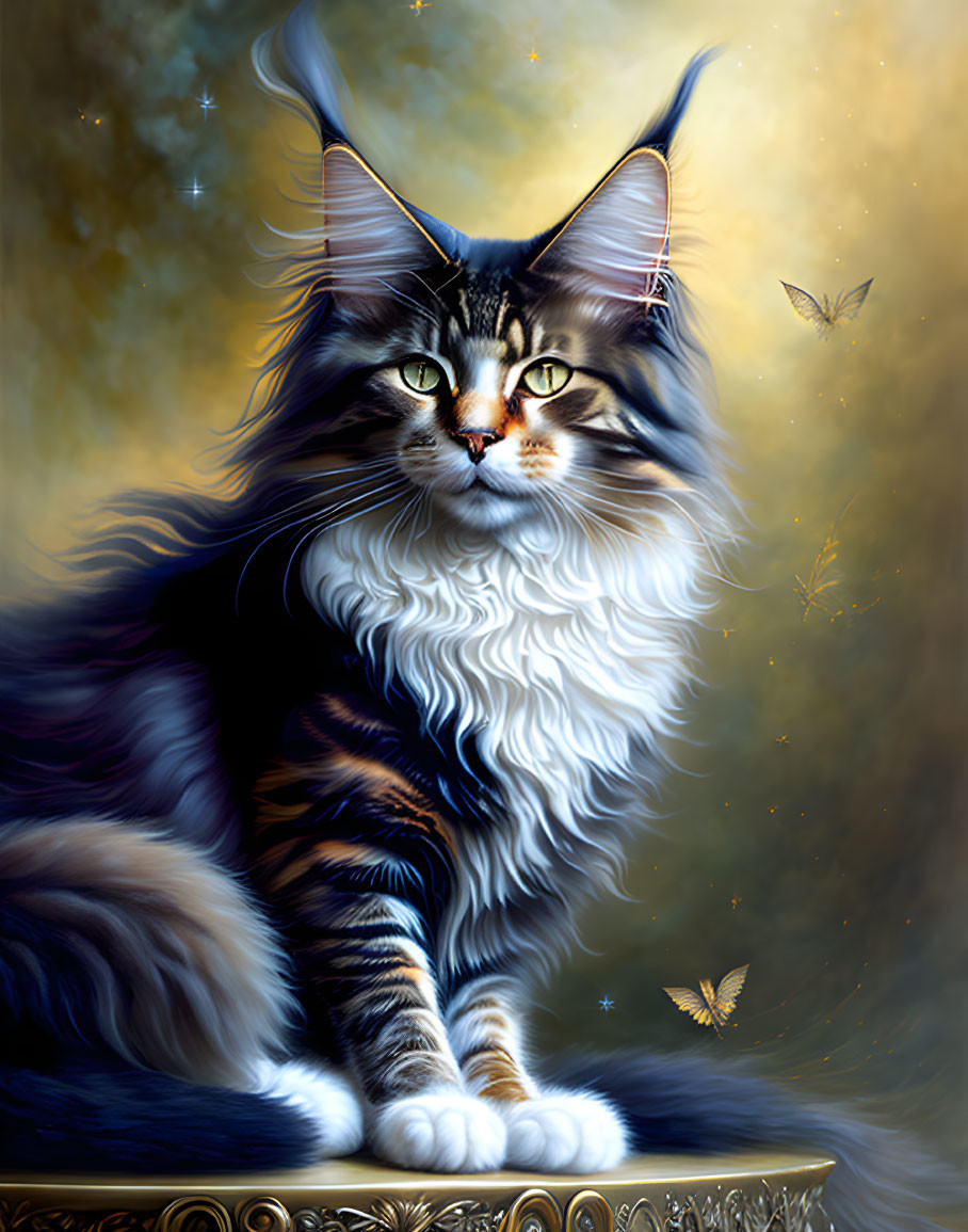 Long-Haired Cat with Whiskers and Butterflies in Ethereal Light