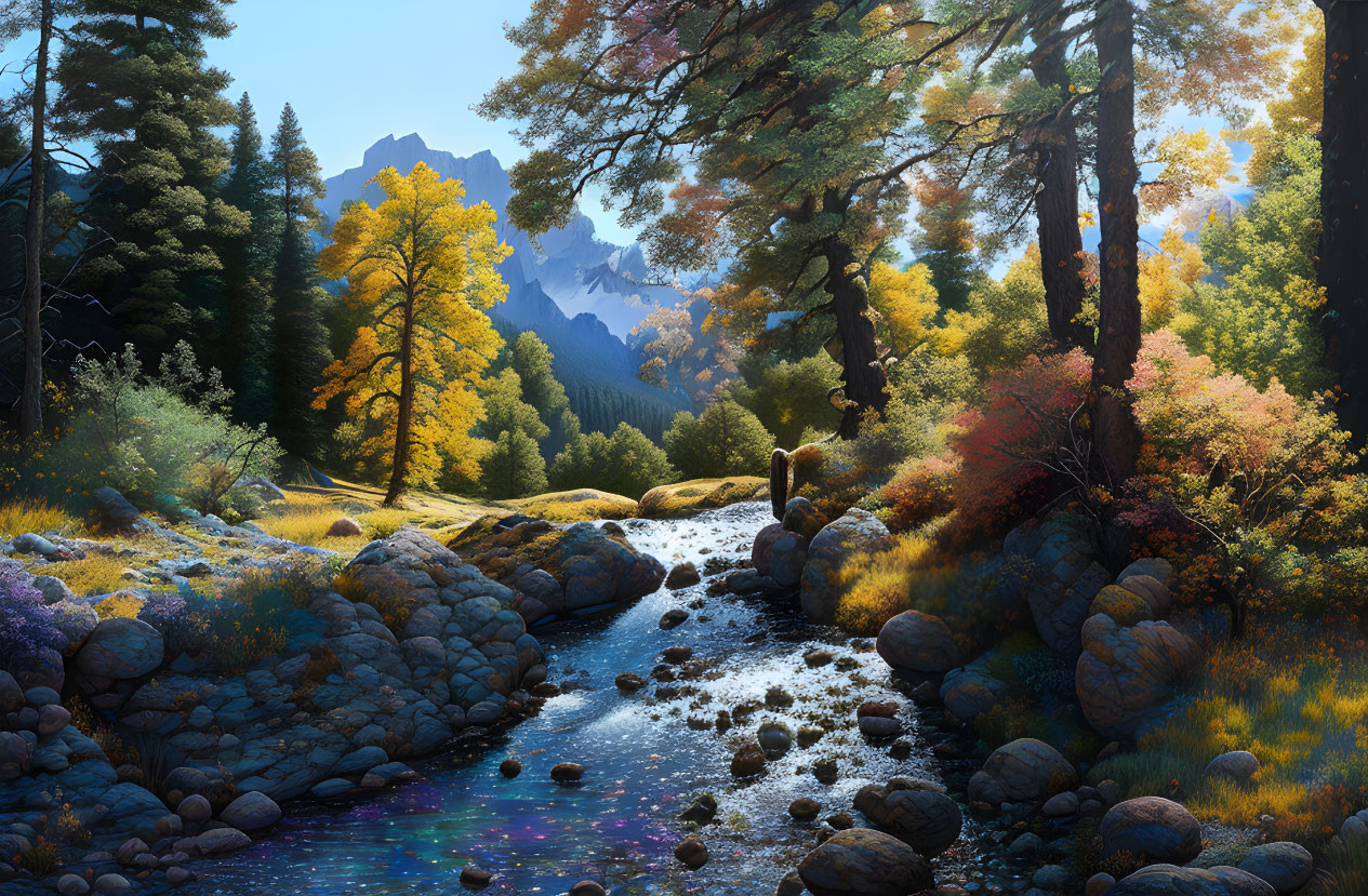 Tranquil stream in colorful autumn forest with mountains and blue sky