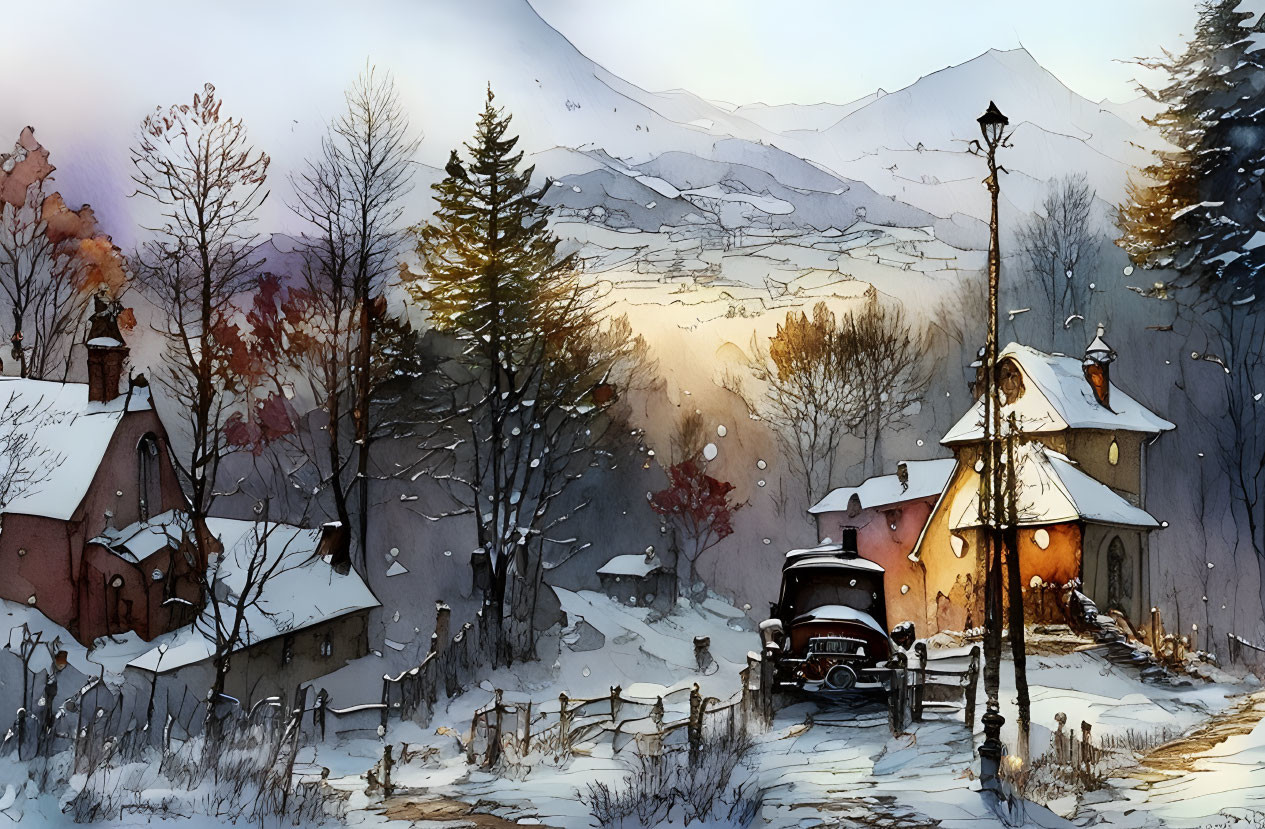 Vintage Car in Snowy Winter Landscape with Houses and Mountains