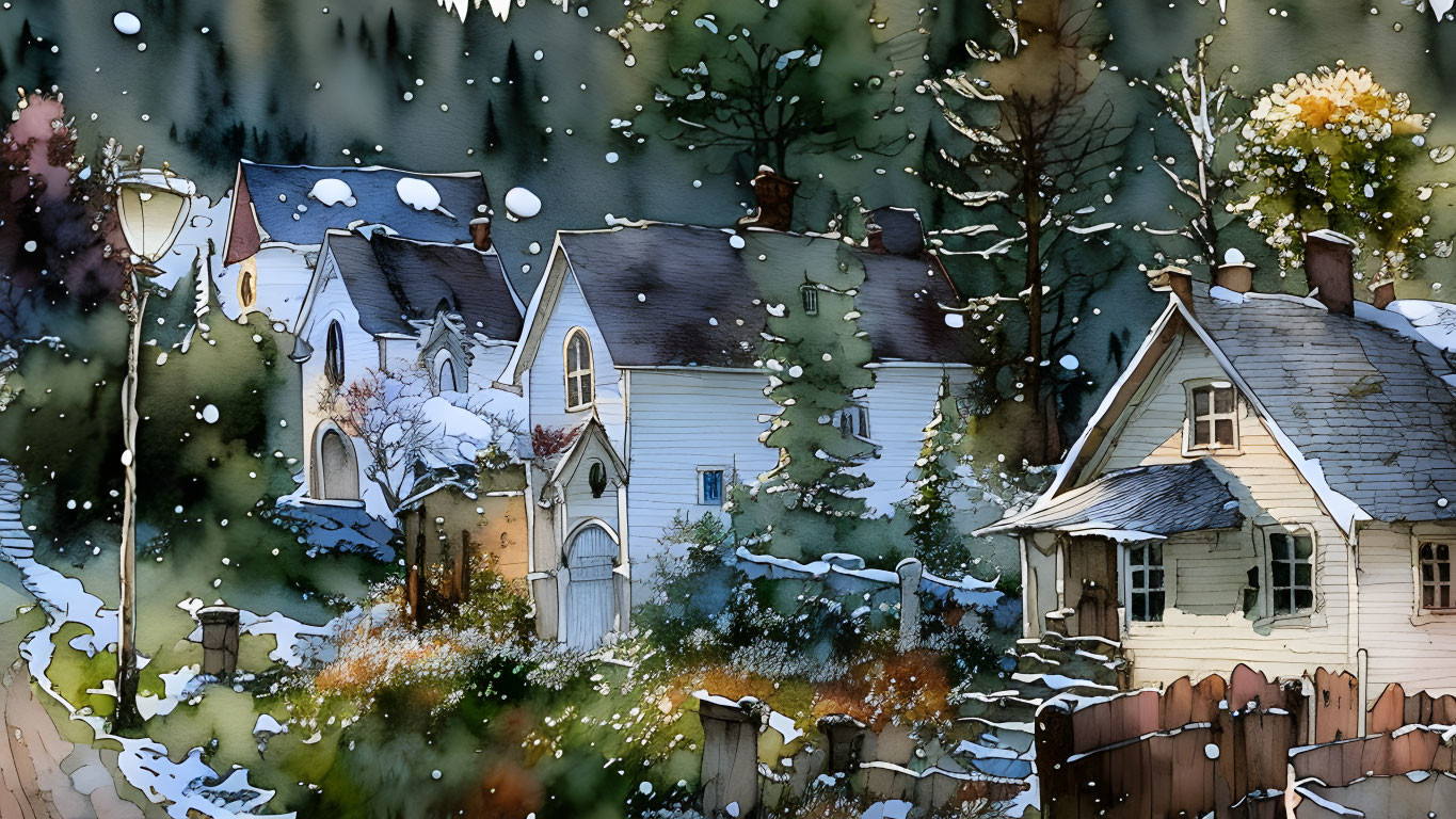 Snowy village scene with watercolor style and snowflakes