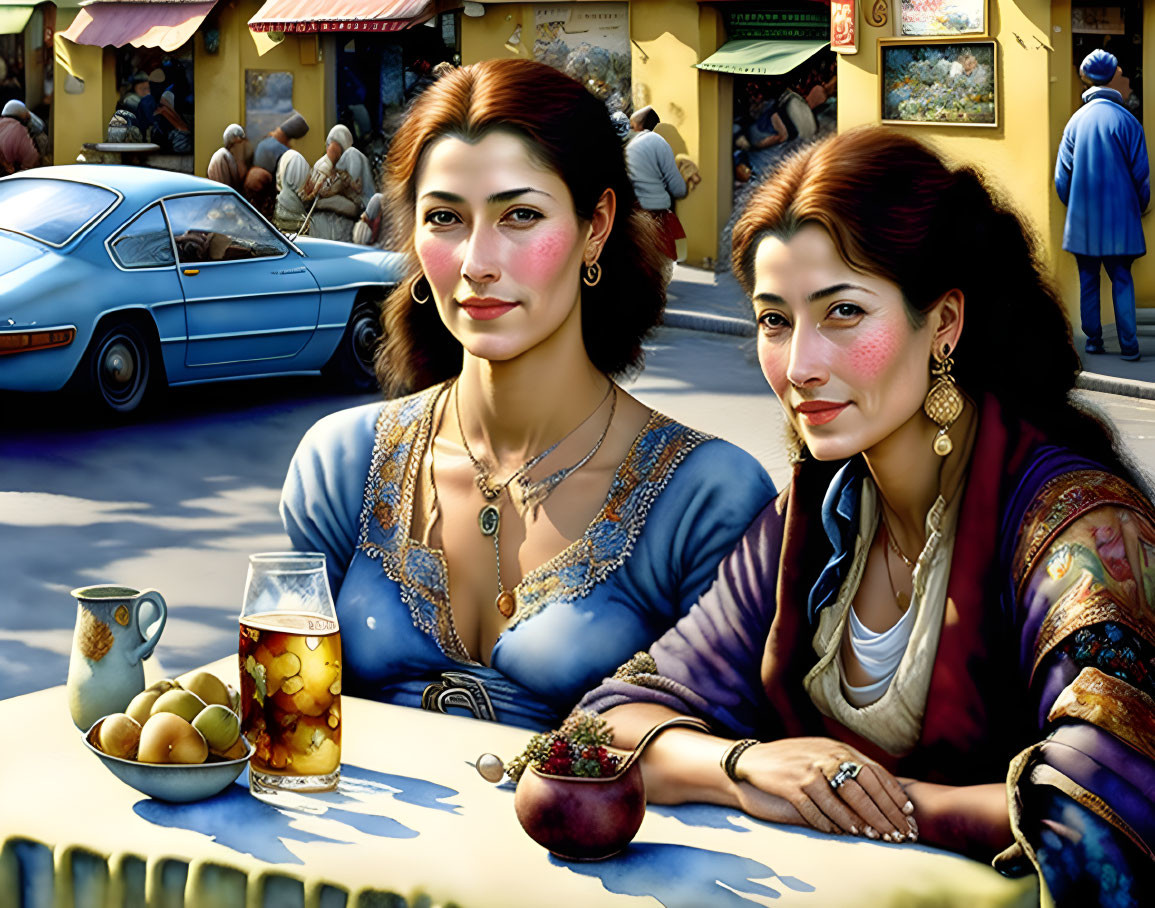 Two women in traditional attire at café with street scene and drinks on table