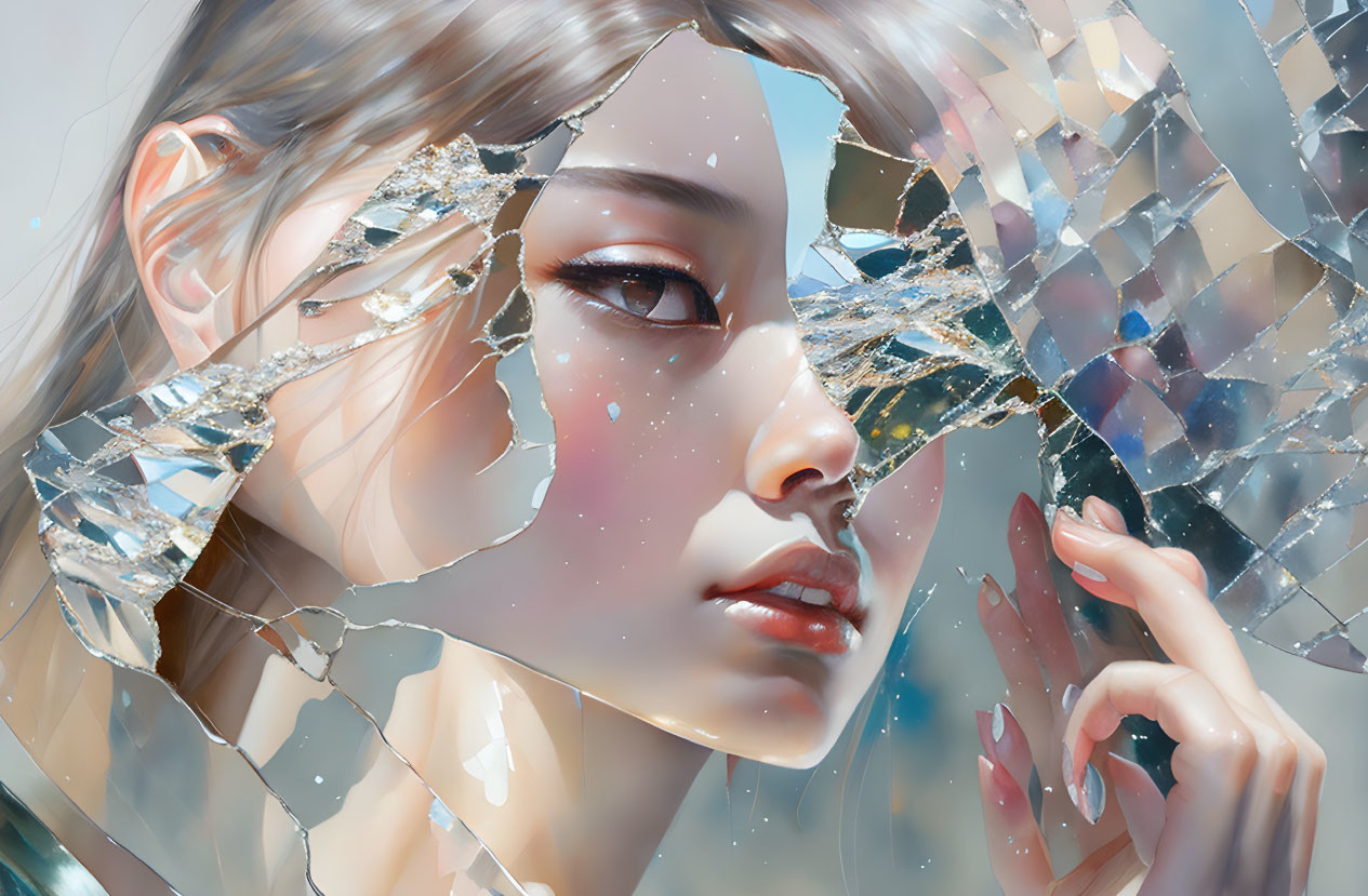 Digital artwork of a woman's face obscured by shattered glass and reflective shards