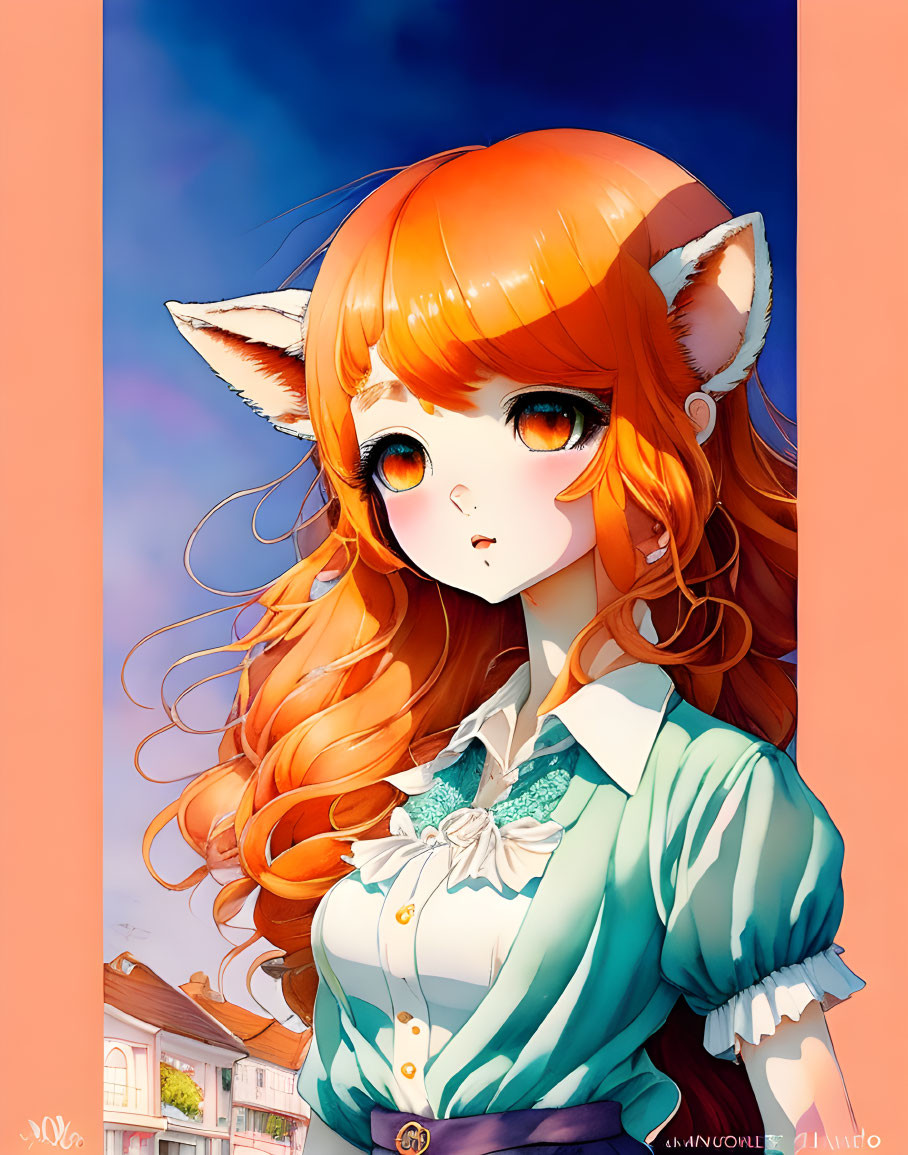 Orange-Haired Girl with Fox Ears in Anime-Style Illustration