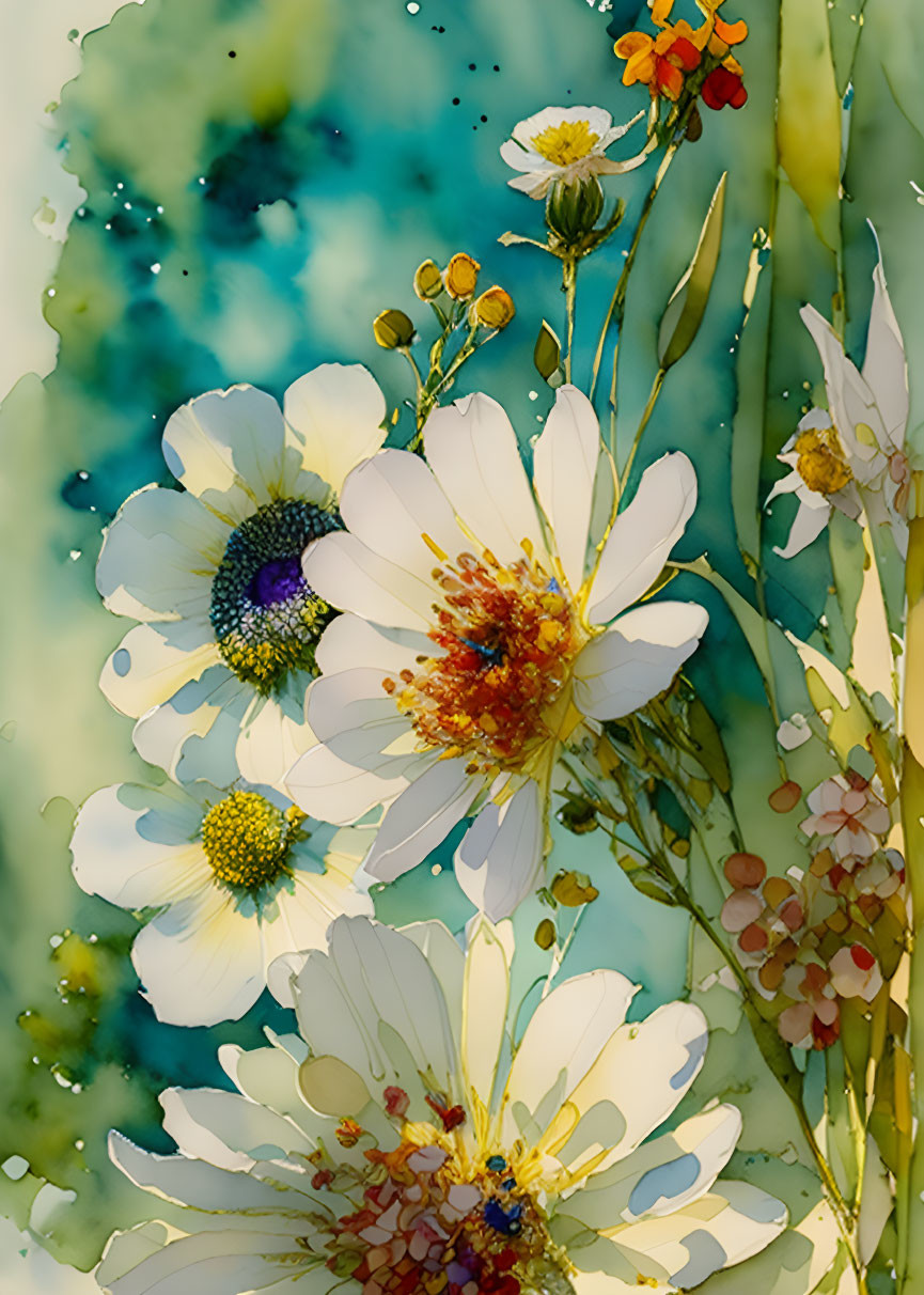 Delicate White and Yellow Flowers in Watercolor Painting