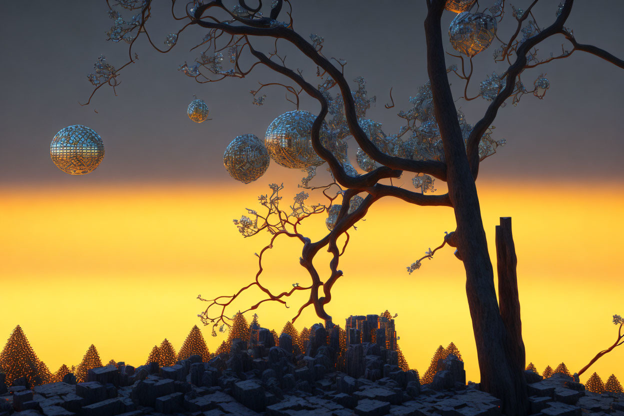 Surreal dusk landscape with bare tree, hanging spheres, and snowy mountains