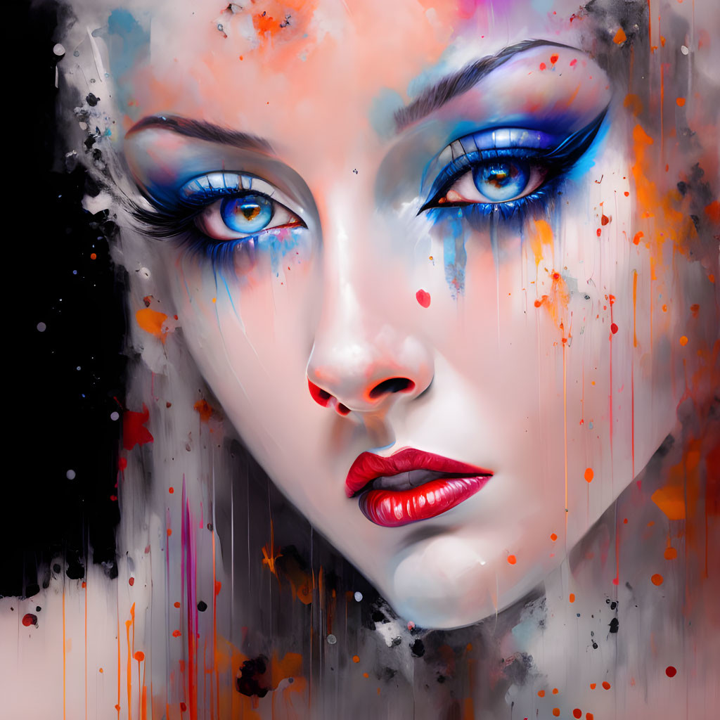 Vibrant portrait of a woman with blue eyes and bold makeup