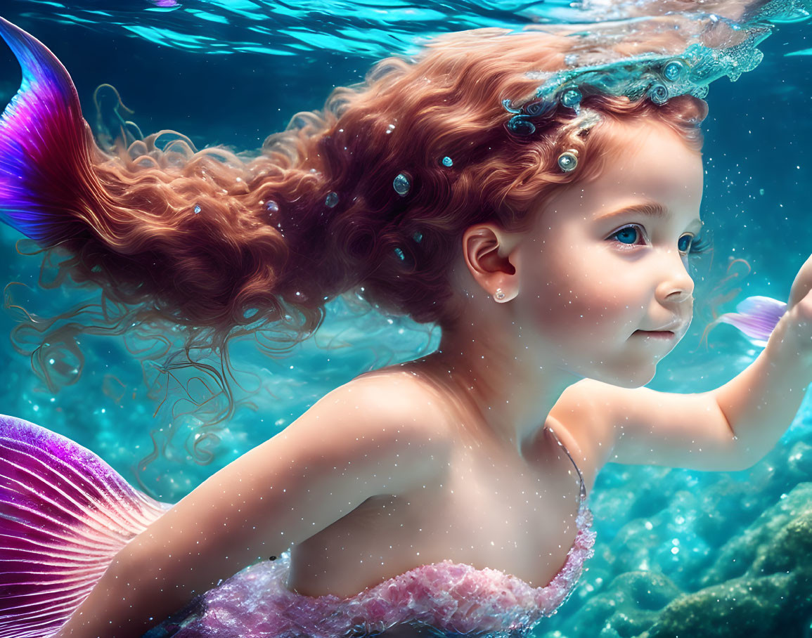 Young girl with curly hair and mermaid tail swimming underwater surrounded by bubbles