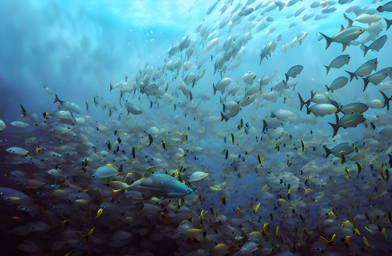 Underwater scene: Diverse school of fish with sunlight filtering through, vibrant marine ecosystem