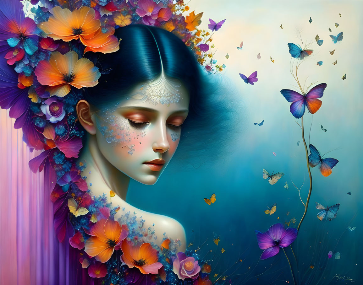 Surreal portrait of woman with blue skin and floral adornments