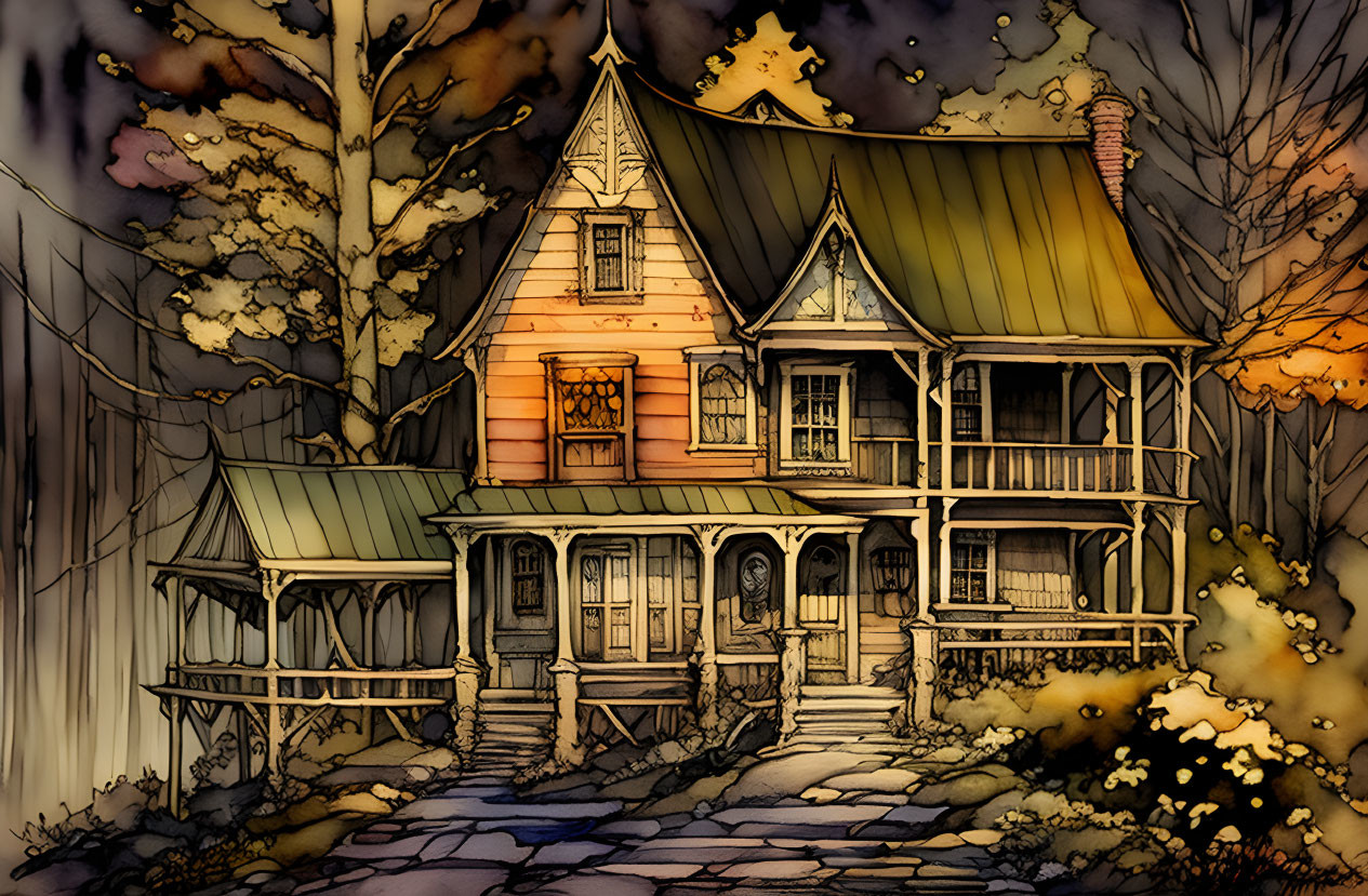 Victorian-style two-story house illustration in warm autumn colors