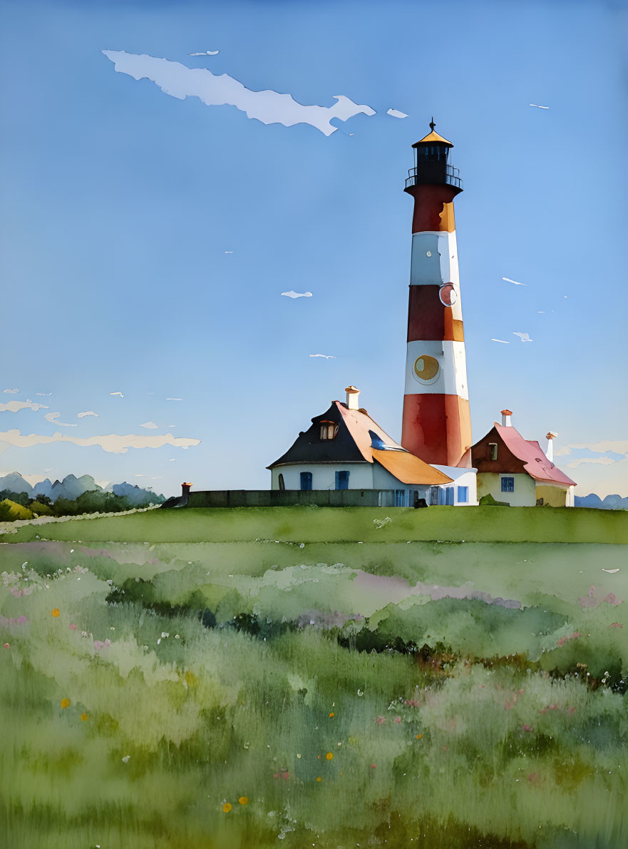 Red and White Striped Lighthouse Watercolor Painting Landscape