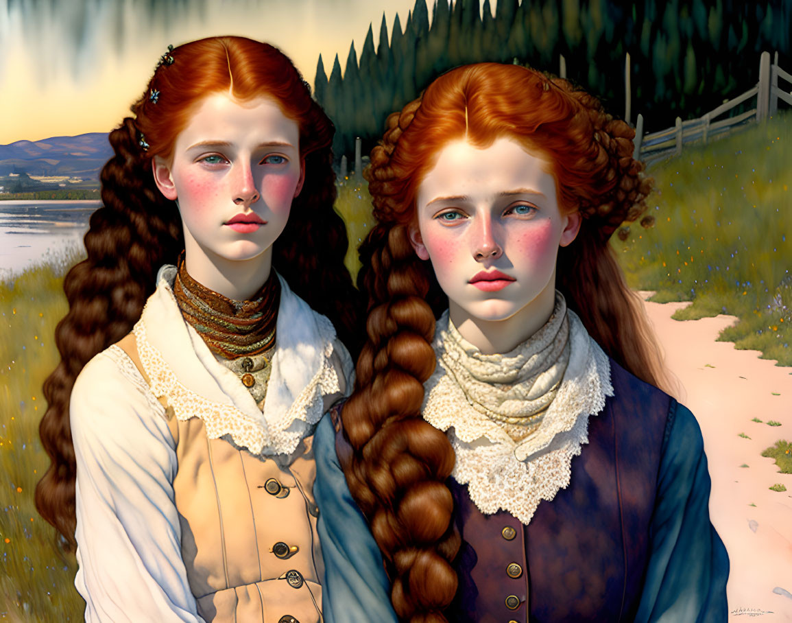 Red-haired sisters in vintage attire by serene lake and mountains